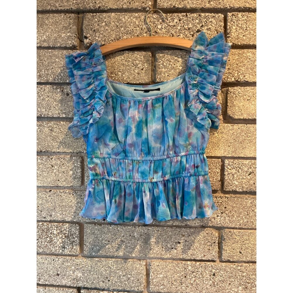 French Connection XS Ruffled Sleeveless Watercolor Peplum Top Blue & Pink